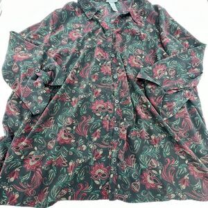 Catherines Top Womens Plus 3X Black Floral Long Sleeve Flowy Boho Peasant Blouse
